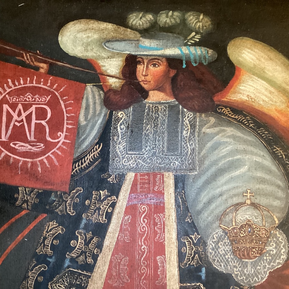 Cuzco School Archangel Gabriel-Angel with Bugle/ Horn Signed,Peruvian Painting